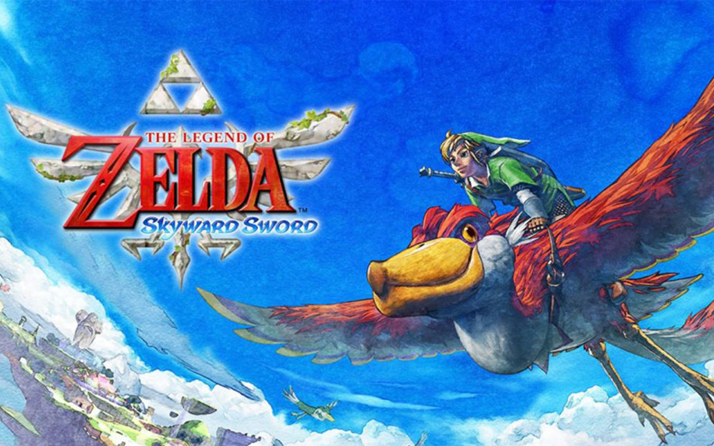Link riding in the sky next to the logo of the Skyward Sword