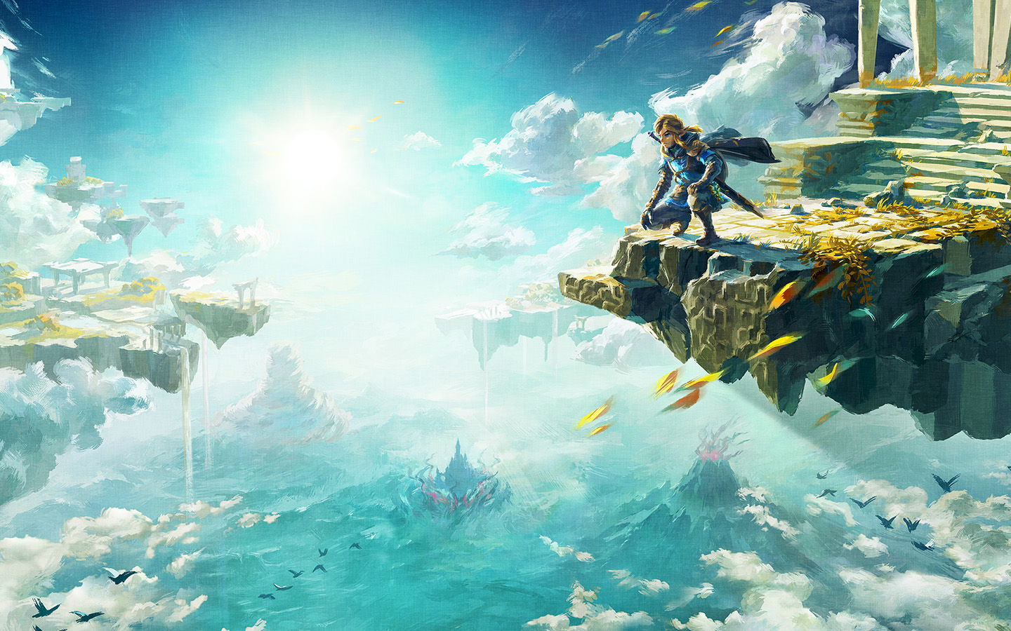 Link looks down from the sky.