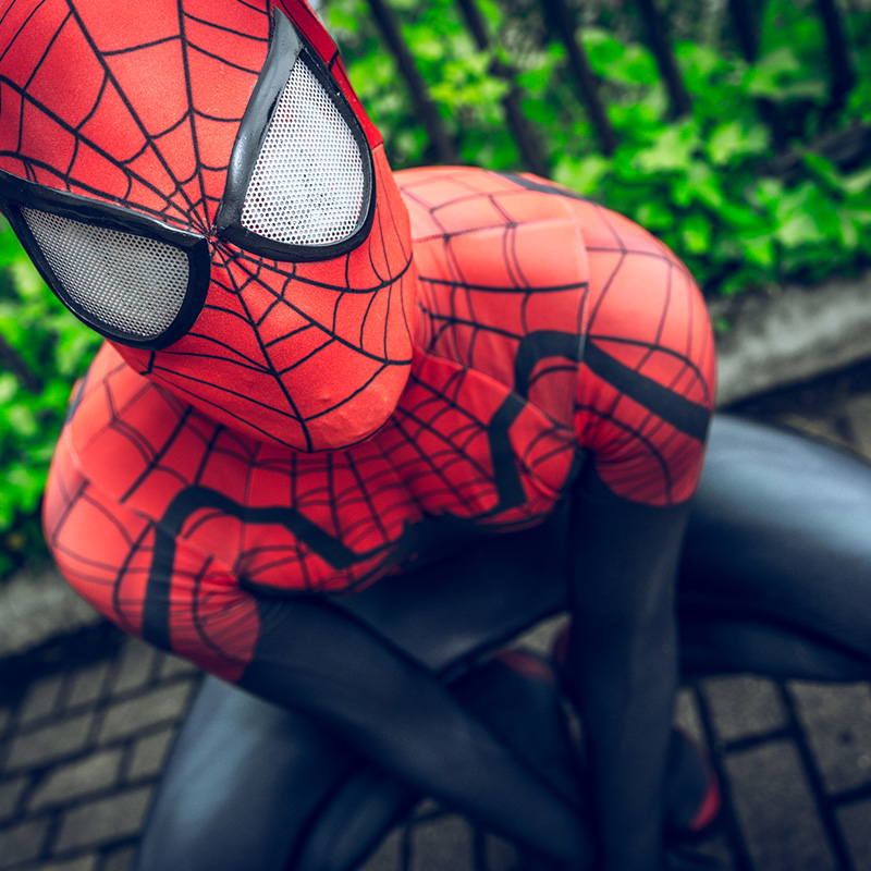 Spiderman kneeling.