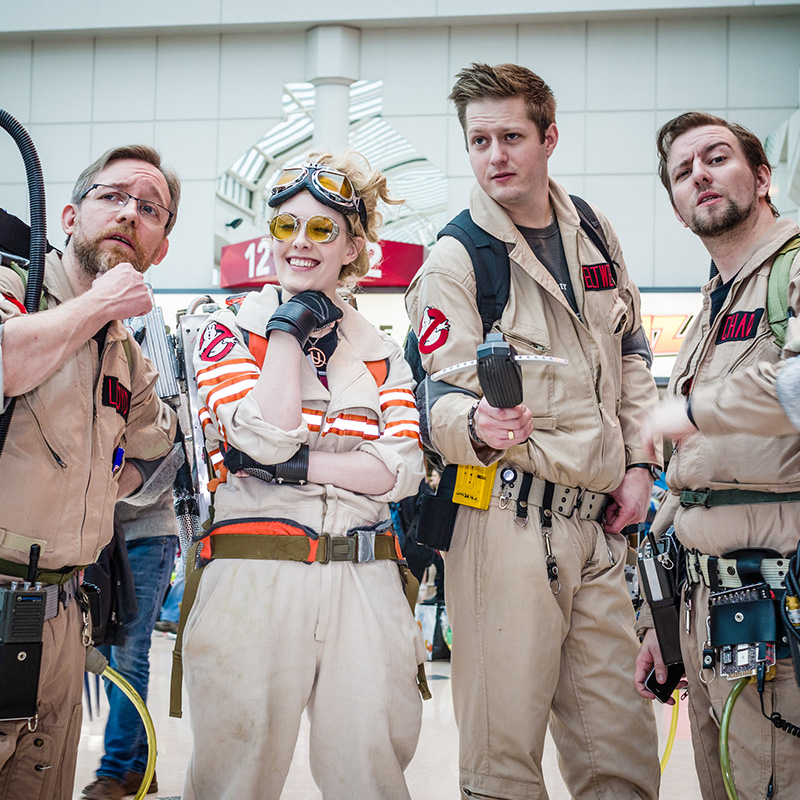 Cosplayers dressed up as the Ghostbusters